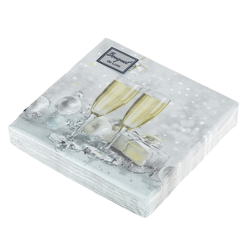 Салфетки бумажные "Bouquet de Luxe" 24х24см, 3-х слойные, 25 штук в упаковке, 100% целлюлоза, "Брызги шампанского" (Россия)