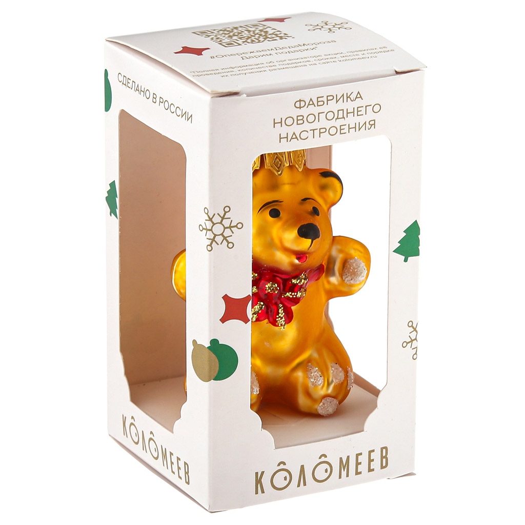 Елочная игрушка фигурка стеклянная "Медвежонок с бантом" h6см, красный, ручная художественная роспись, подарочная упаковка (Россия)