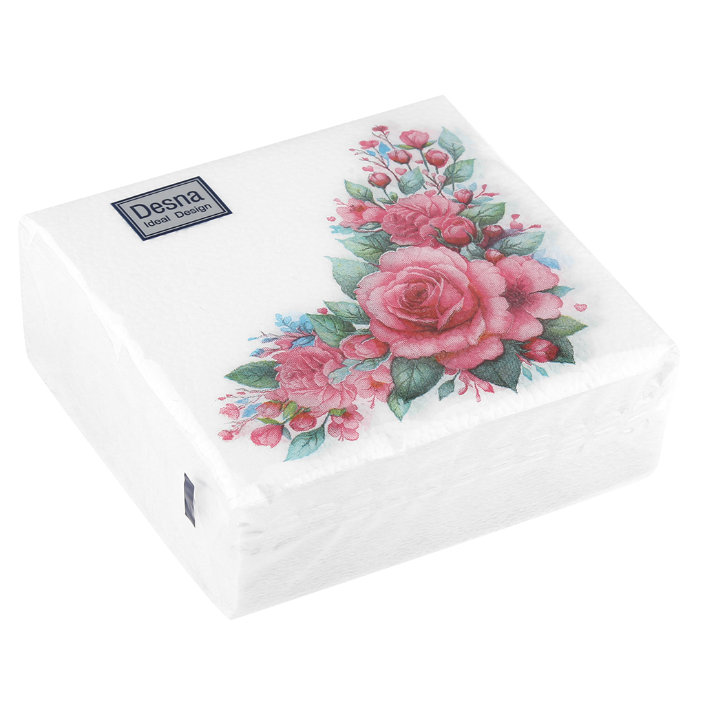 Салфетки бумажные "Desna Design" 24х24см, 1 слойные, 40 штук в упаковке, 100% целлюлоза, "Дикая роза" (Россия)