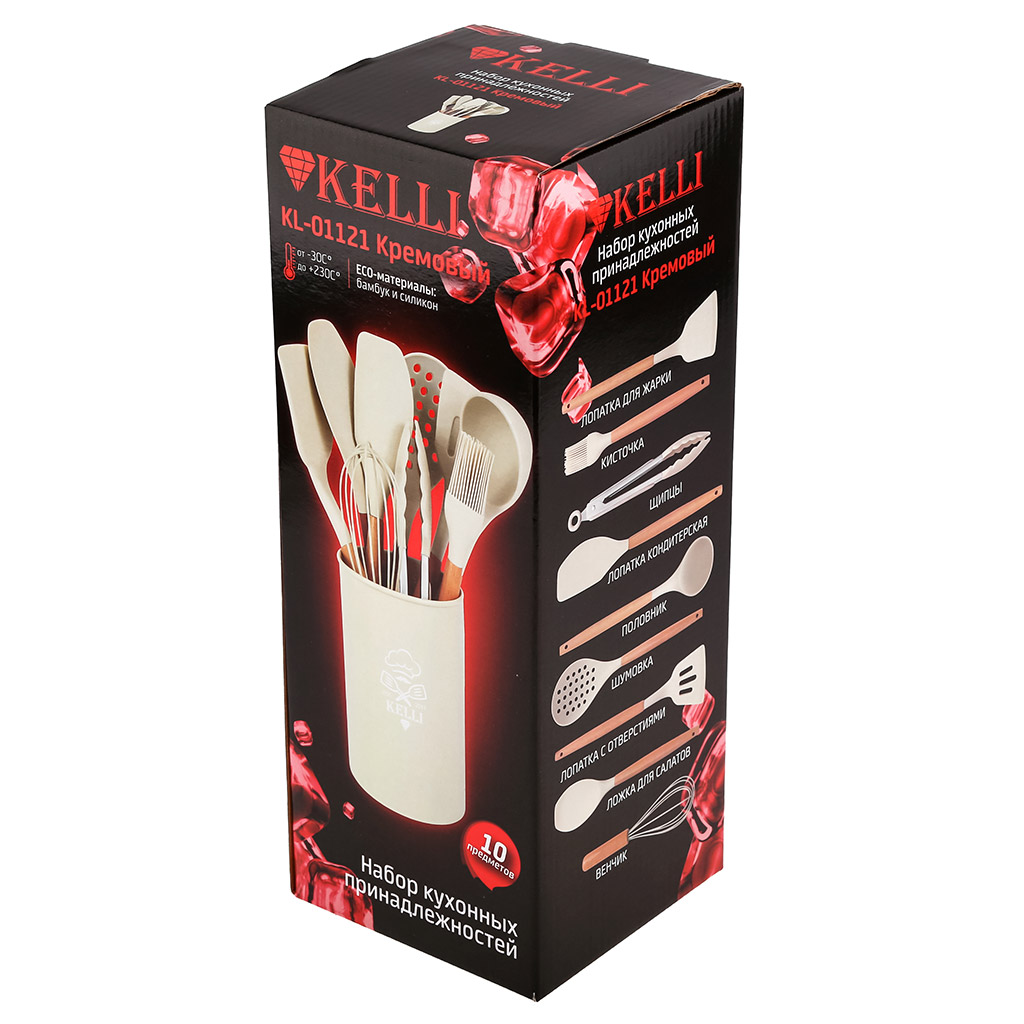 Кухонный набор "Kelli" 10 предметов: лопатка для жарки, кисточка, щипцы, лопатка кондитерская, половник, шумовка, лопатка с отверстиями, ложка для салатов, венчик, подставка, силикон, бамбук, кремовый (Китай)