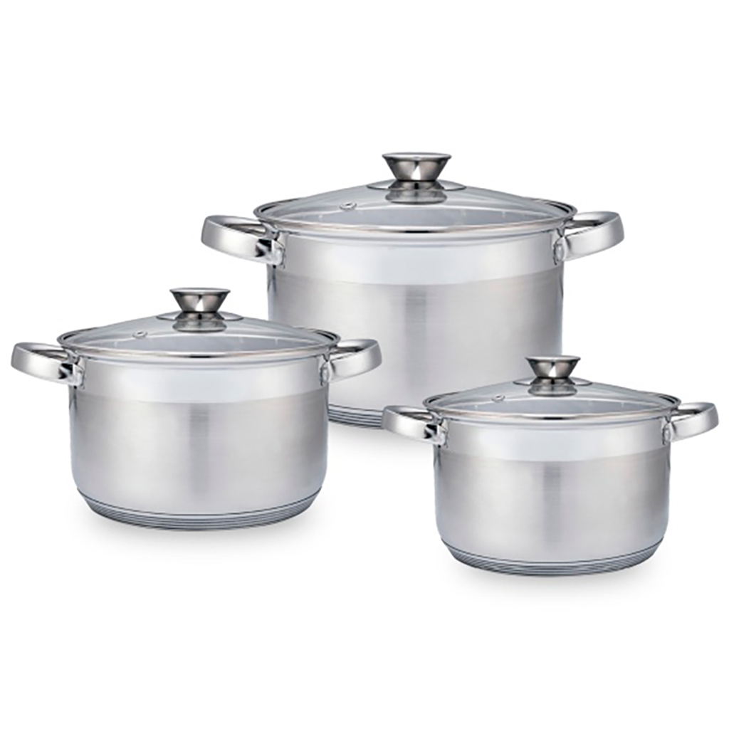 Набор кастрюль из нержавеющей стали "Silver" 3 штуки: 2,7л, 3,6л, 6,5л, s0,4см, дно s3см, стеклянная крышка, многослойное термоаккумулирующее дно, цветная коробка, "Appetite" (Китай)