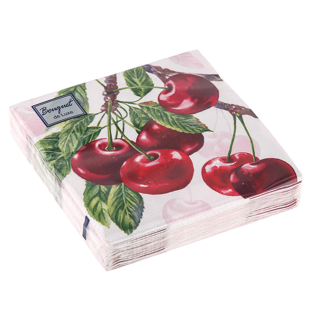 Салфетки бумажные "Bouquet de Luxe" 24х24см, 3-х слойные, 25 штук в упаковке, 100% целлюлоза, "Вишня" (Россия)