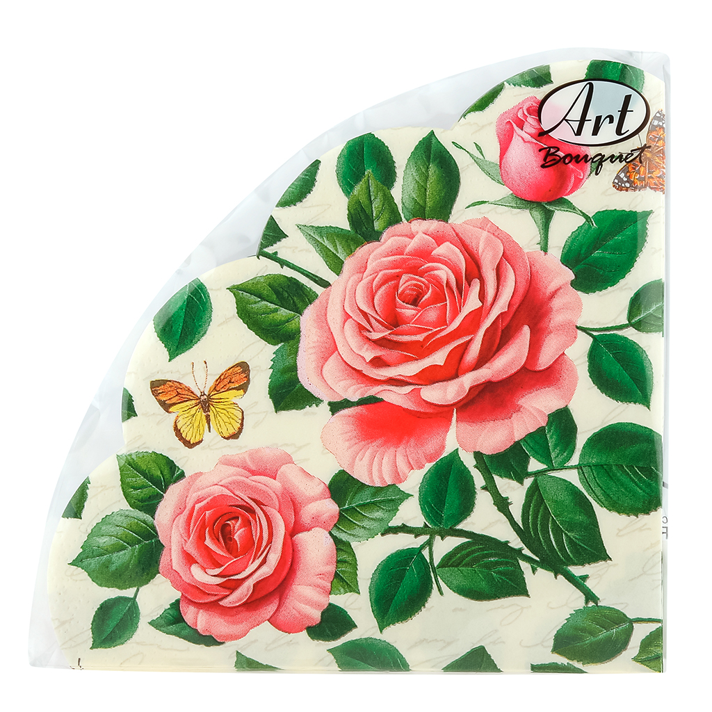 Салфетки бумажные "Art Bouquet Rondo" д32см, 3-х слойные, 12 штук в упаковке, 100% целлюлоза, "Райские розы" (Россия)