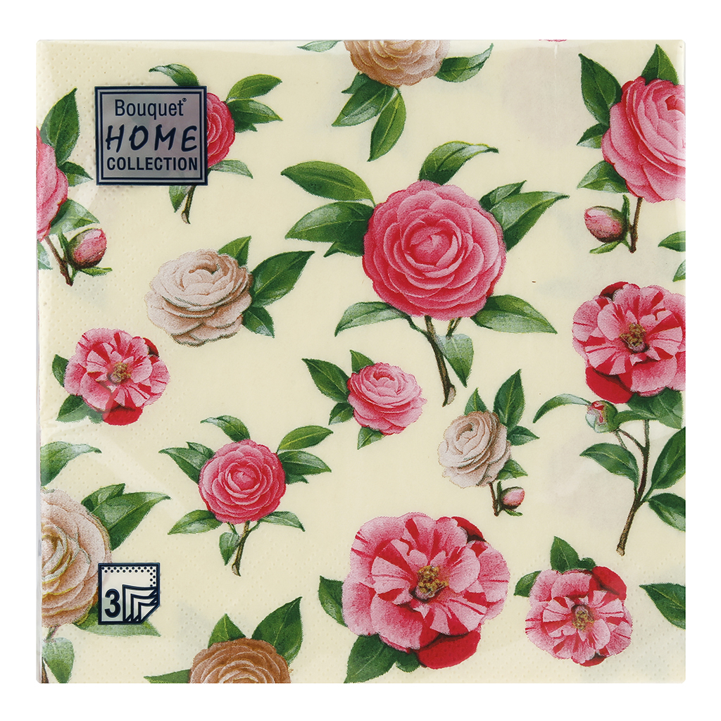 Салфетки бумажные "Bouquet Home Collection Classic" 33х33см, 3-х слойные, 20 штук в упаковке, 100% целлюлоза, "Нежные розы" (Россия)