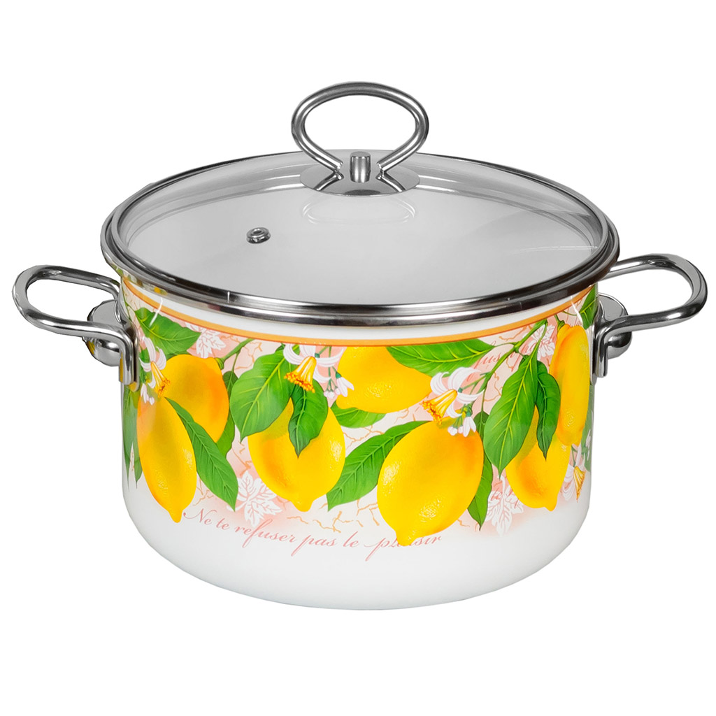 "Limon" Кастрюля эмалированная 5,5л, д22см, h15см, цилиндрическая форма, стеклянная крышка, белый (Россия)