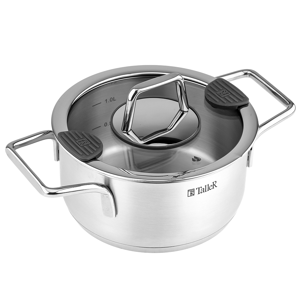 Кастрюля из нержавеющей стали "Сascade" 1,5л, д16см, h8-12,5см, s0,6мм, дно д14,5см, s2,9мм, стеклянная крышка со стальным ободом и сливом, пароотовод, капсулированное дно, полировка внешняя - матовая, внутренняя - матовая, ручки из нержавеющей стали