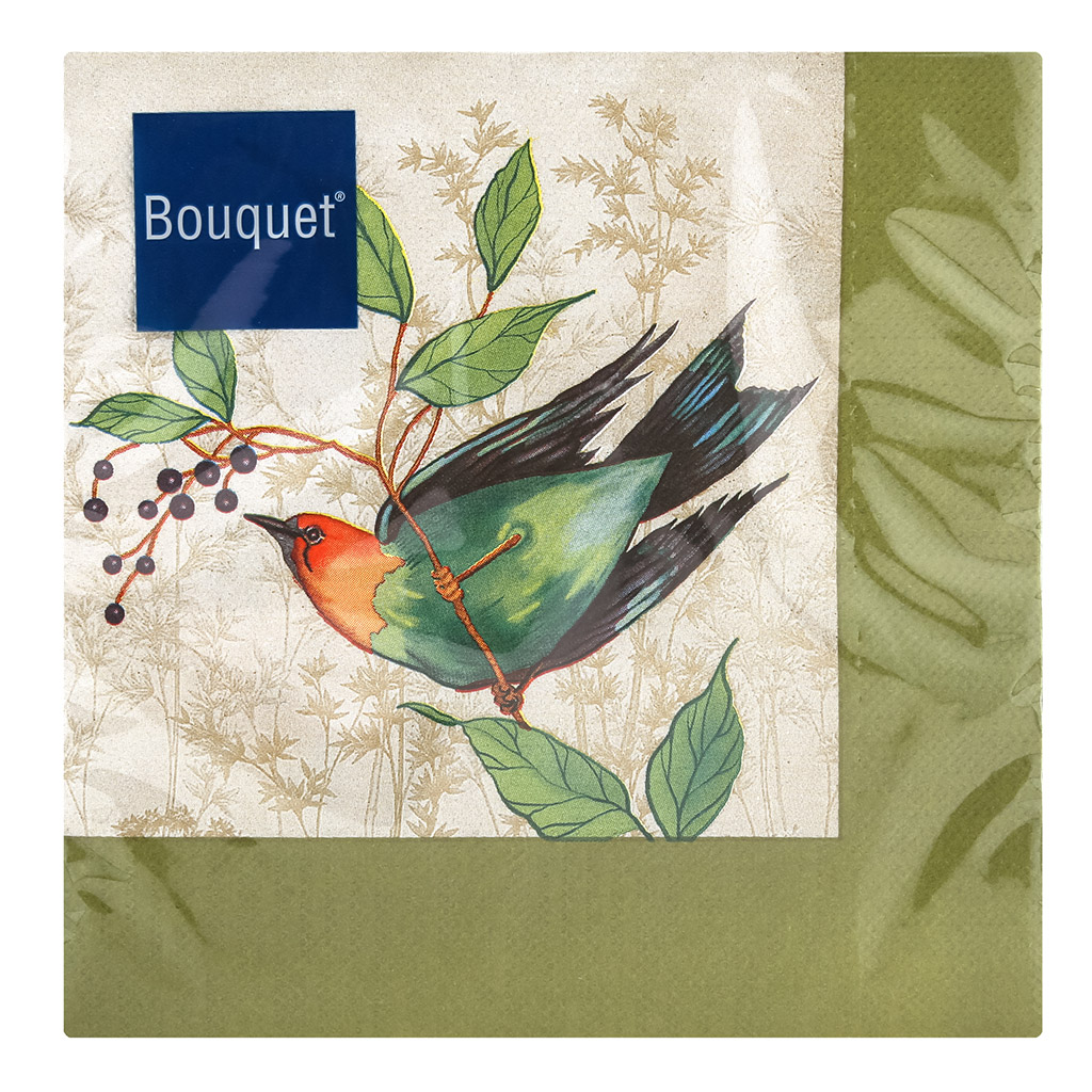 Салфетки бумажные "Art Bouquet" 33х33см, 3-х слойные, 20 штук в упаковке, 100% целлюлоза, "Рисунок с птицами" (Россия)