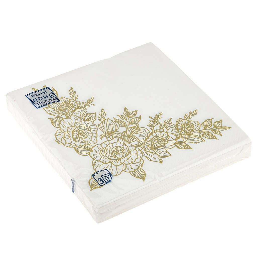 Салфетки бумажные "Bouquet Home Collection Classic" 33х33см, 3-х слойные, 20 штук в упаковке, 100% целлюлоза, "Золотые розы" (Россия)