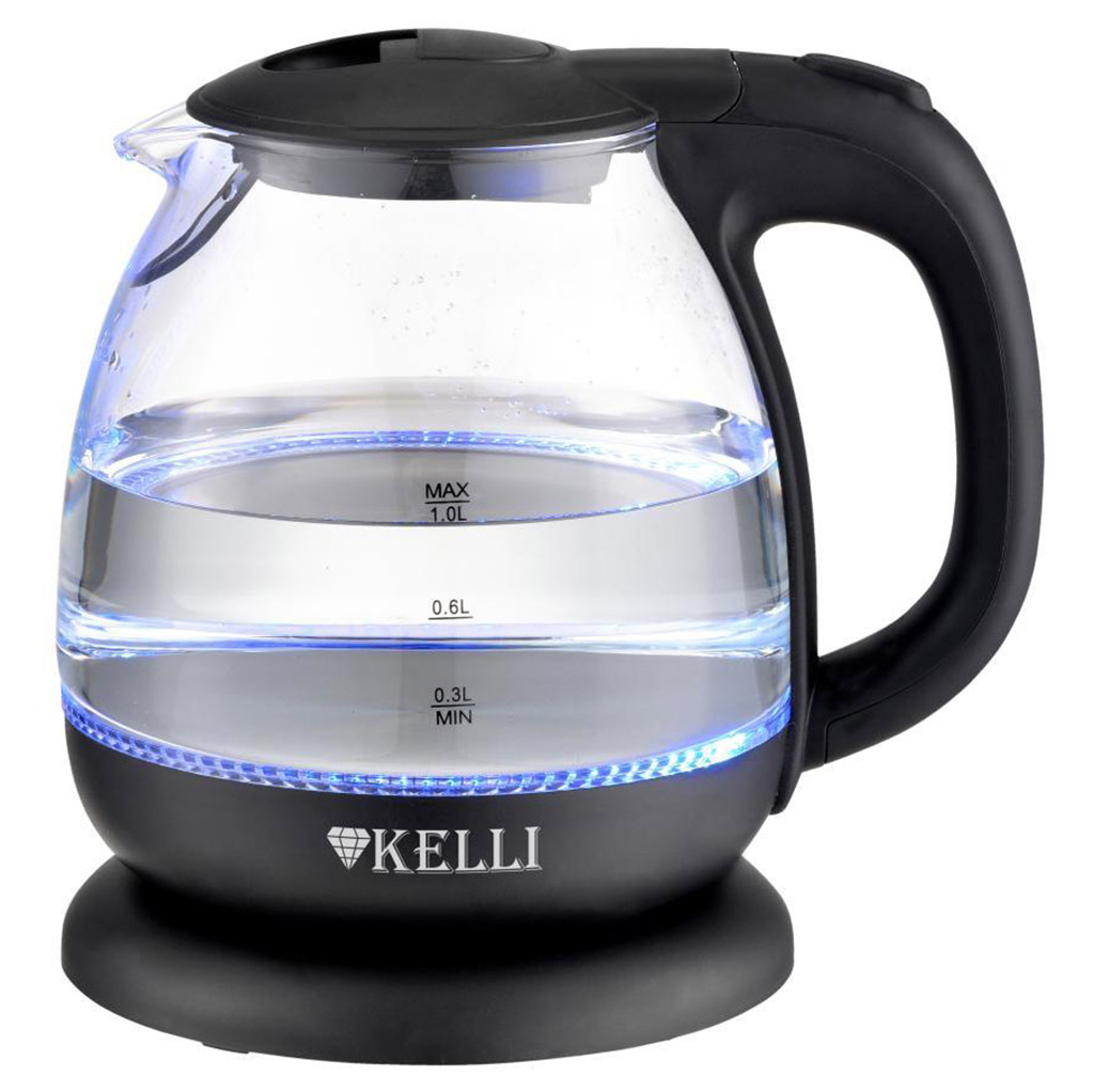 Чайник электрический "Kelli" 1л, стеклянный корпус, термостойкое стекло, внутренняя подсветка, автоматическое отключение, поворачивающийся корпус на 360°, закрытый нагревательный элемент, защита от перегрева, мощность: 220-240В, 50Гц, 900-1100Вт, 20,