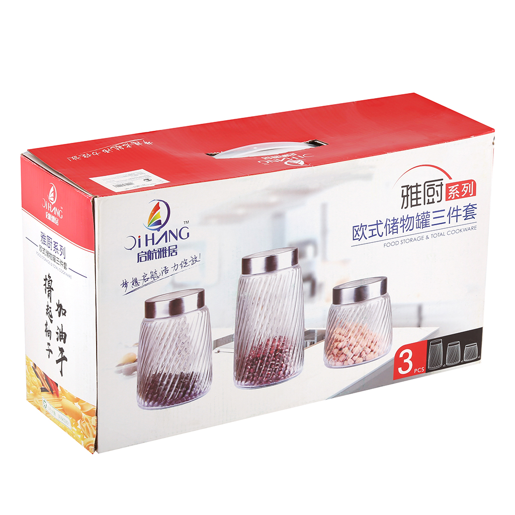 Банка для сыпучих продуктов стеклянная "Карусель" набор 3шт: 1,75л, h20,6см; 1,35л, h16,5см; 1л, h12,6см; горло д9см, основание д12см, пластмассовая комбинированная крышка, рифленая, в коробке (Китай) Возможны мятые коробки.