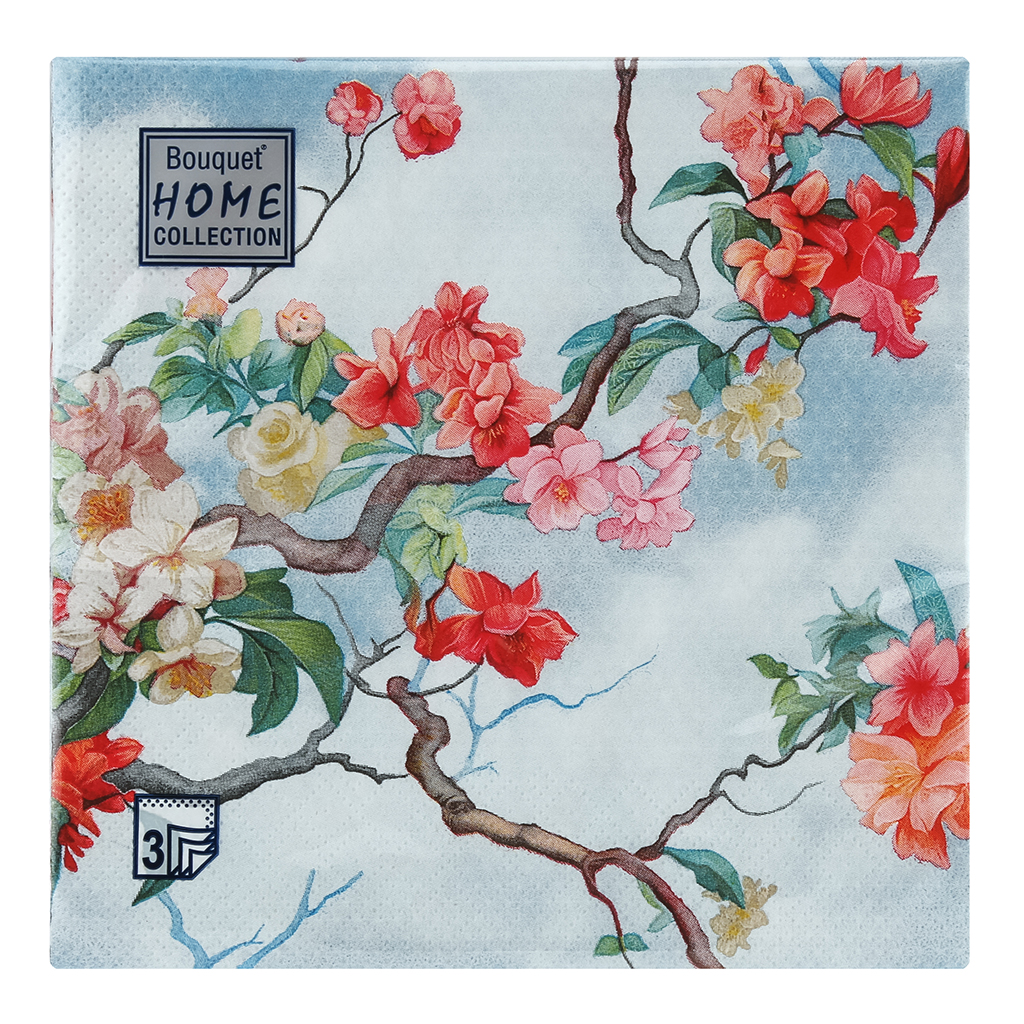 Салфетки бумажные "Bouquet Home Collection Classic" 33х33см, 3-х слойные, 20 штук в упаковке, 100% целлюлоза, "Весеннее цветение" (Россия)