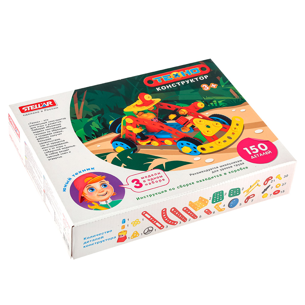 Игрушка "Конструктор "Техно" "Джип" 28х5,5х22см, 150 элементов, полипропилен, картонная коробка в ту пленке, "Stellar" (Россия)