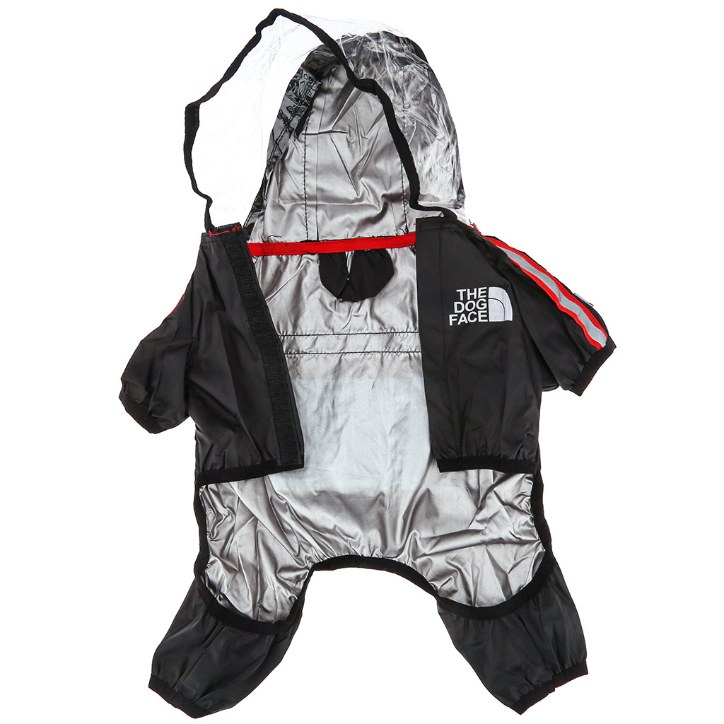 "Пэт тойс (Pet toys)" Одежда для собаки "Комбинезон" "The dog face" прозрачный ПВХ капюшон, с принтом, на липучке, светоотражающие полоски, р-р L, длина спинки 34см/обхват груди 56см/обхват шеи 36см, цвет-черный, плащевка (Китай)