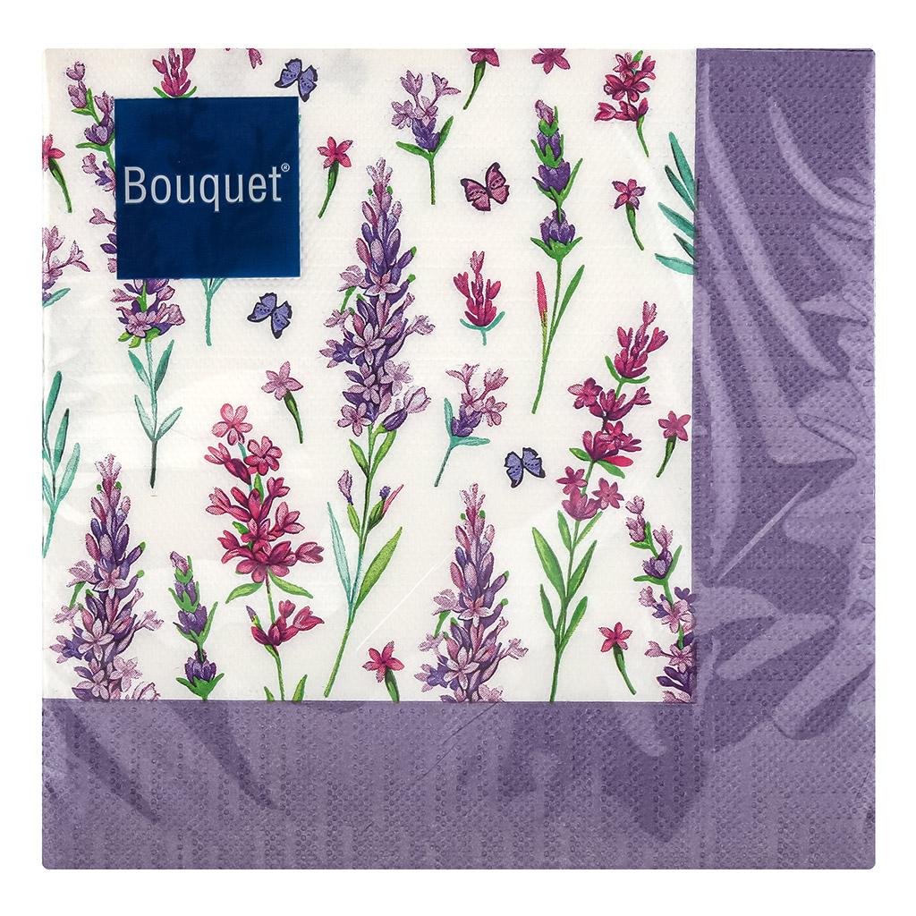 Салфетки бумажные "Art Bouquet" 33х33см, 3-х слойные, 20 штук в упаковке, 100% целлюлоза, "Скатерть с лавандой" (Россия)