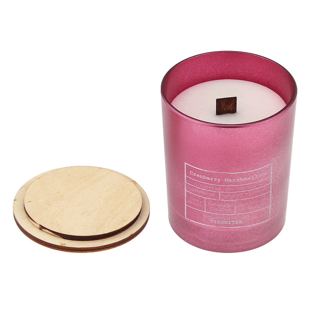 Свеча "Вирджиния-1" д7,5см, h9см, ароматизированная "Cranberry Marshmellow", парафин, в стекле, с крышкой, деревянный фитиль, время горения 36 часов (Россия)