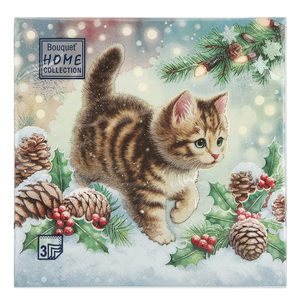 Салфетки бумажные "Bouquet Home Collection Classic" 33х33см, 3-х слойные, 20 штук в упаковке, 100% целлюлоза, "Любопытный котенок" (Россия)