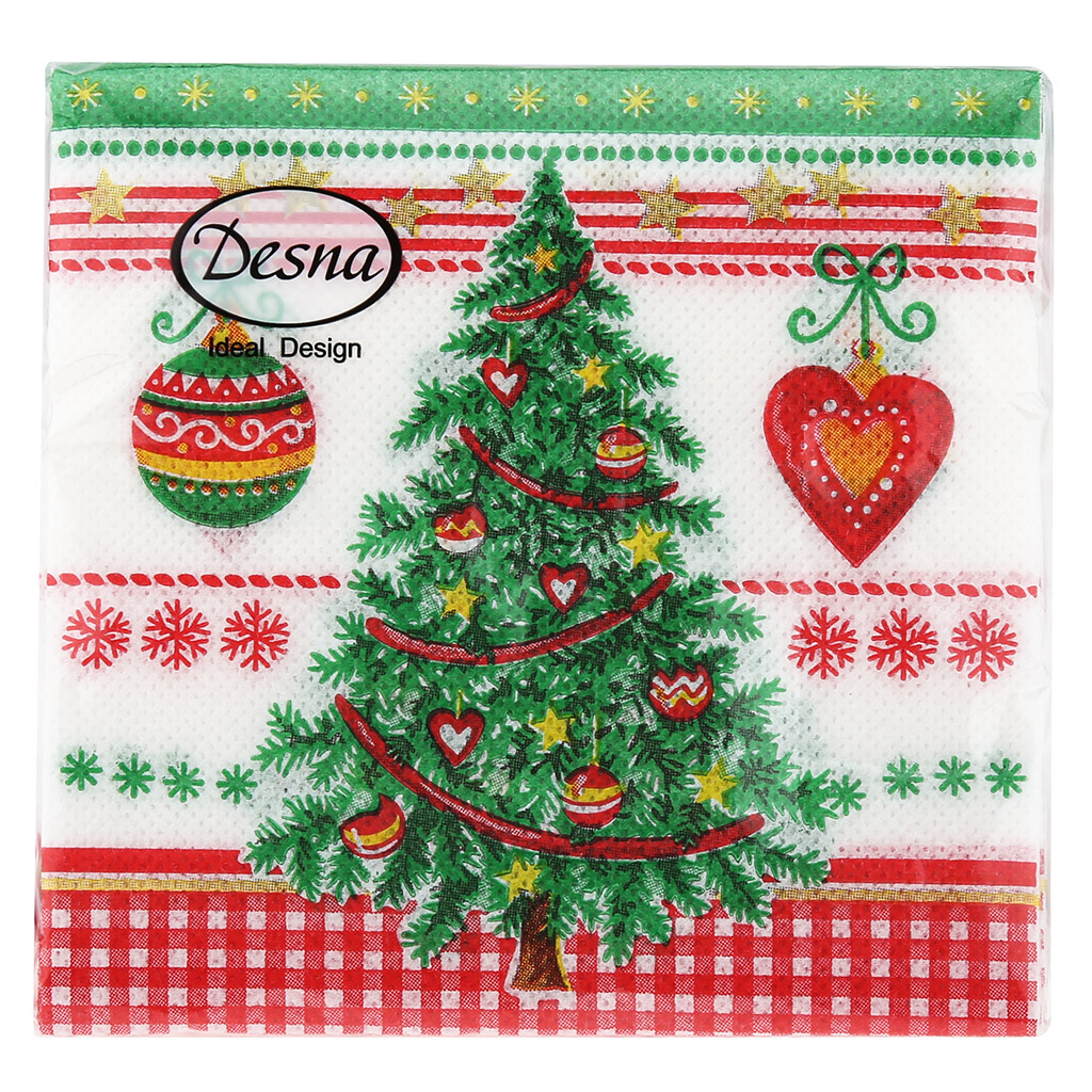 Салфетки бумажные "Desna Design" 24х24см, 1 слойные, 40 штук в упаковке, 100% целлюлоза, "Новогодняя ель" (Россия)