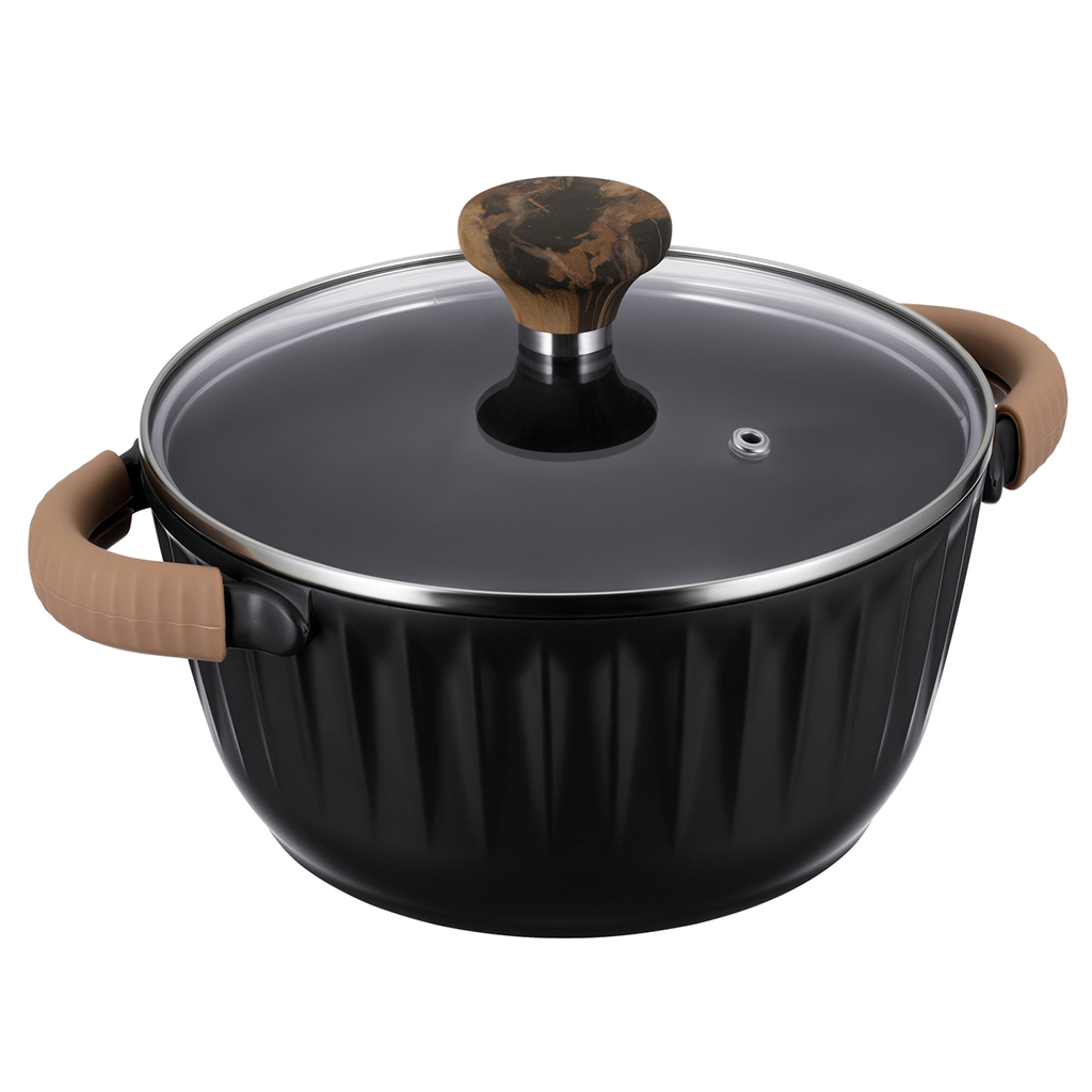 Кастрюля с антипригарным покрытием "Fiamma" 4,6л, д24см, h18см, s1,6мм, дно s4,5мм, литой алюминий, стеклянная крышка, пароотвод, бакелитовая ручка с покрытием "soft-touch", силиконовые съемные ручки-прихватки, капсульное дно, цветная коробка, "Regen