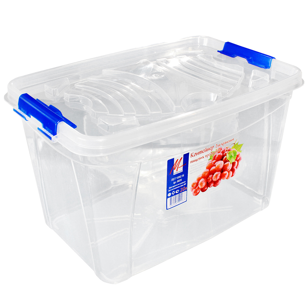Контейнер для хранения продуктов пластмассовый 20л, 40х27х24,5см, с ручкой, 2 защелки, прозрачный (Россия)