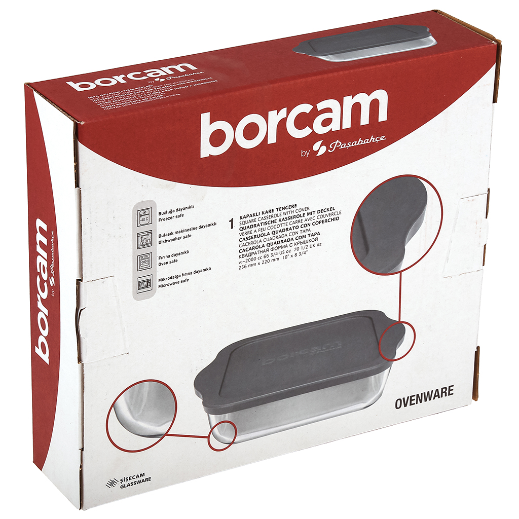 "Боркам (Borcam)" Форма стеклянная жаропрочная 2л, 25,6х22х6см, прямоугольная, серая пластмассовая крышкой, с ручками, цветная коробка, Pasabahce (Турция)