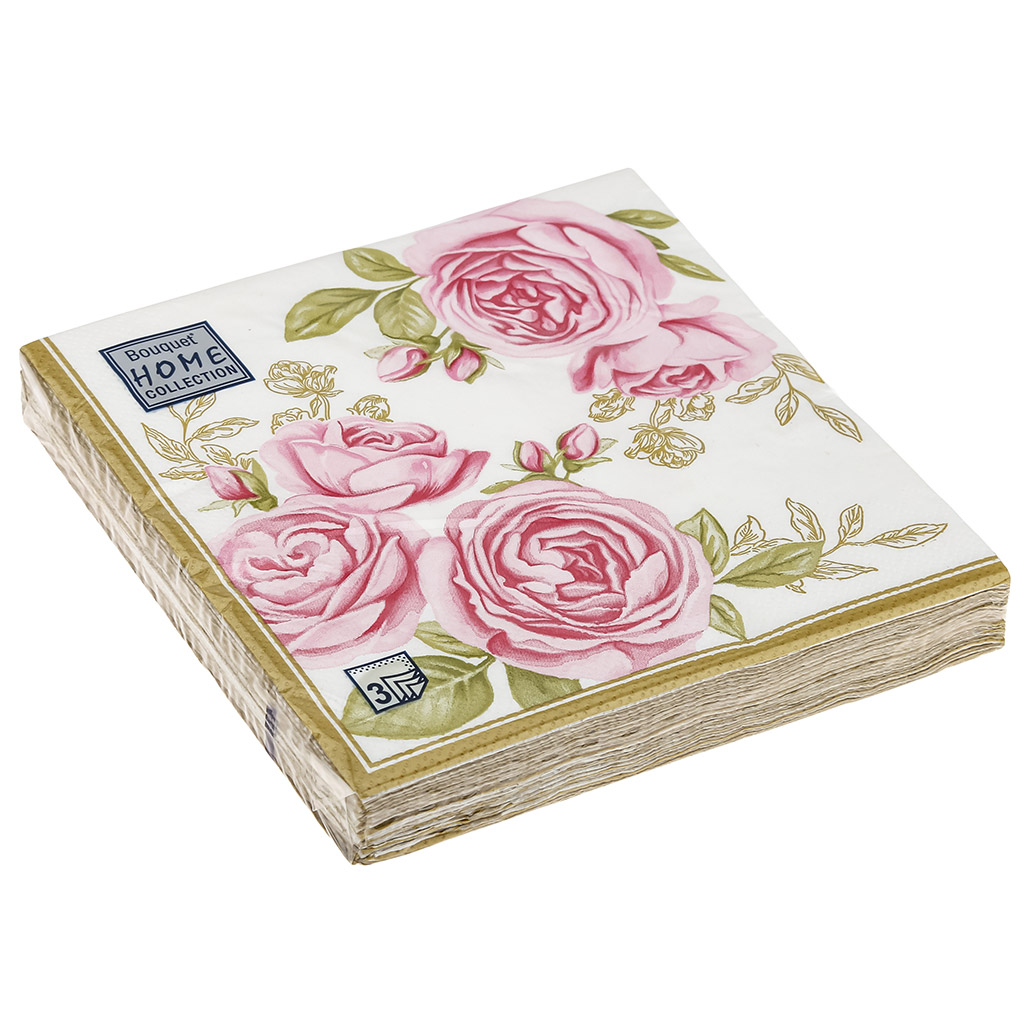 Салфетки бумажные "Bouquet Home Collection Classic" 33х33см, 3-х слойные, 20 штук в упаковке, 100% целлюлоза, "Роза с золотыми листьями" (Россия)