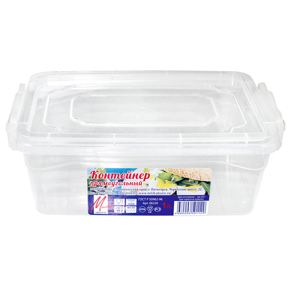 Контейнер для продуктов пластмассовый 1л, 20,5х14,5х7см, прямоугольный, 2 защелки, прозрачный (Россия)