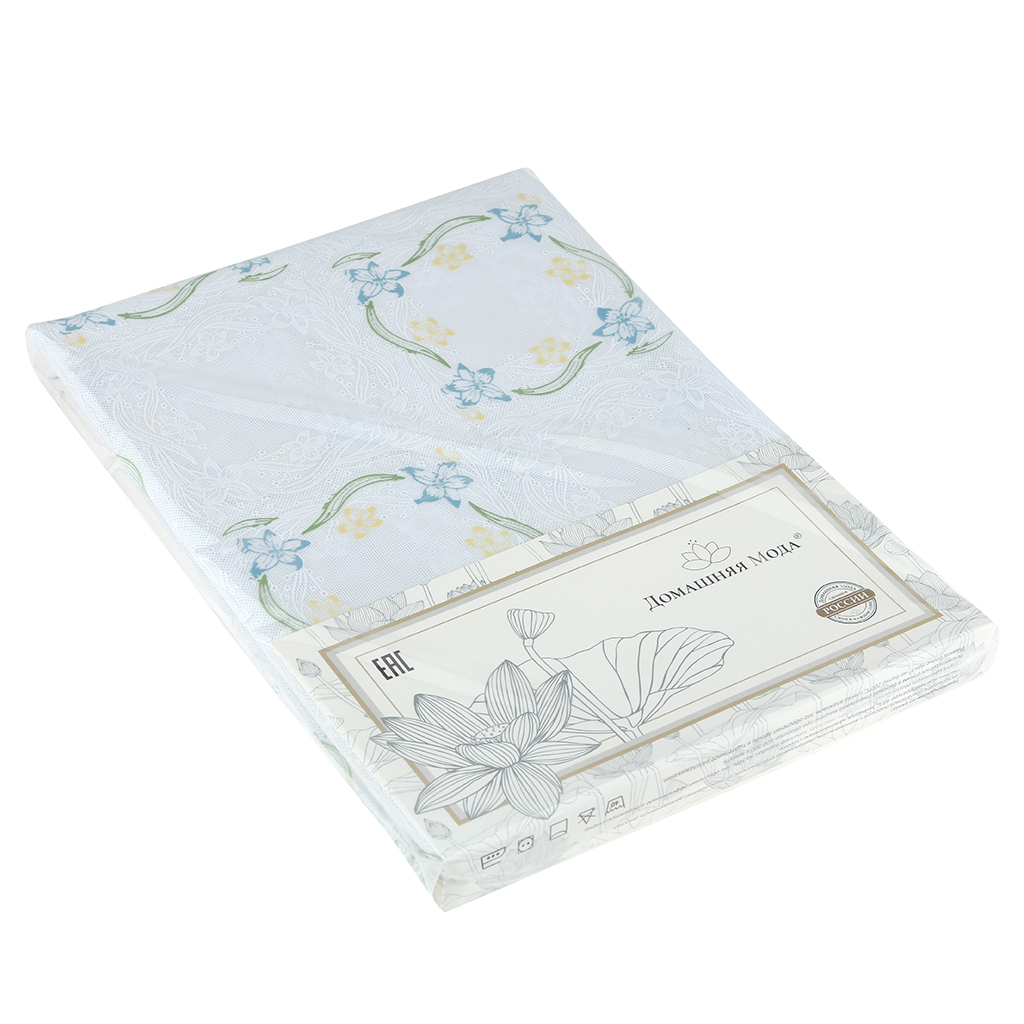Скатерть ПВХ "Вальс цветов" 137х180см, длина стола до 140см, на 6 персон, "LACE" фактурная, на пленке, белый фон, цветной орнамент, упак. "классическая" п/э 28х41см т.м. "Домашняя Мода" (Китай)