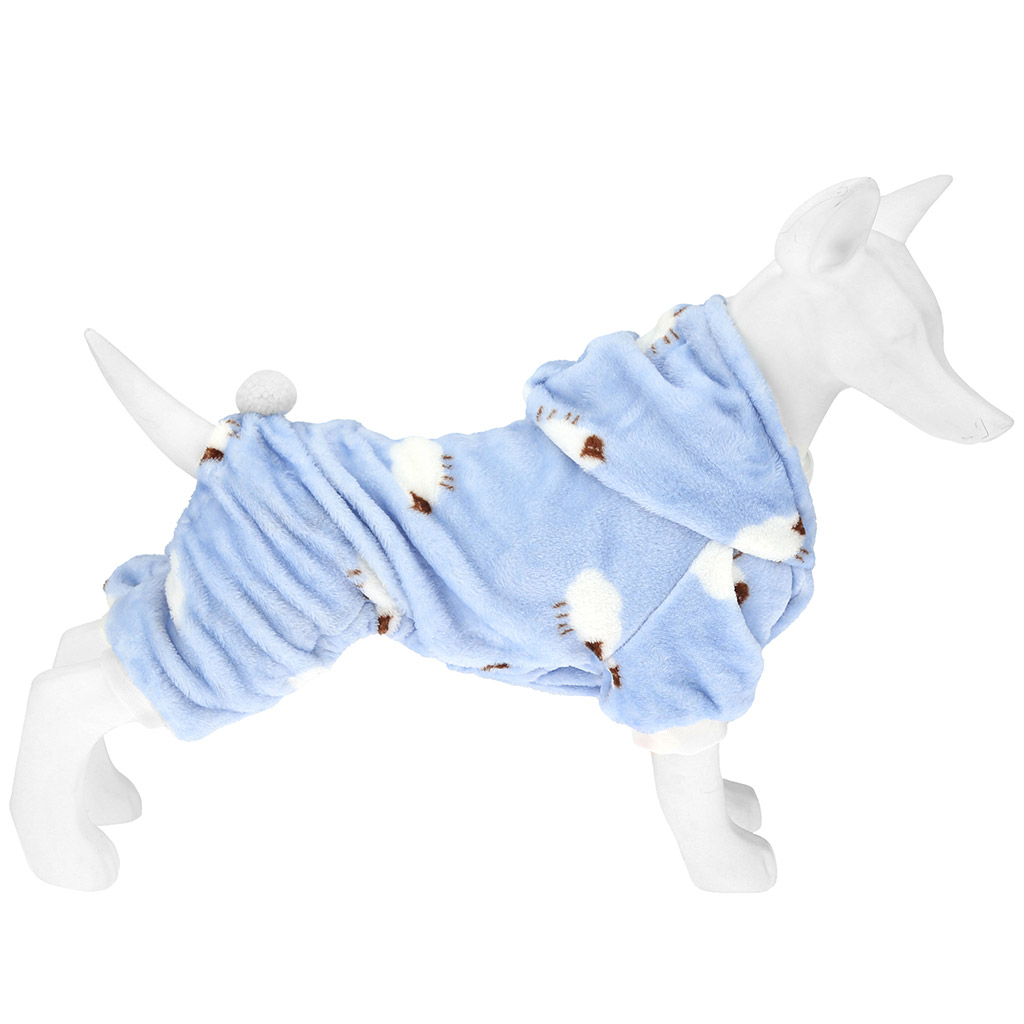 "Пэт тойс (Pet toys)" Одежда для собаки "Комбинезон" "Овечка" с капюшоном, с хвостиком, на кнопках, р-р XL, длина спинки 32см/обхват груди 42см/обхват шеи 36см, цвет-голубой, плюш (100% полиэстер) (Китай)