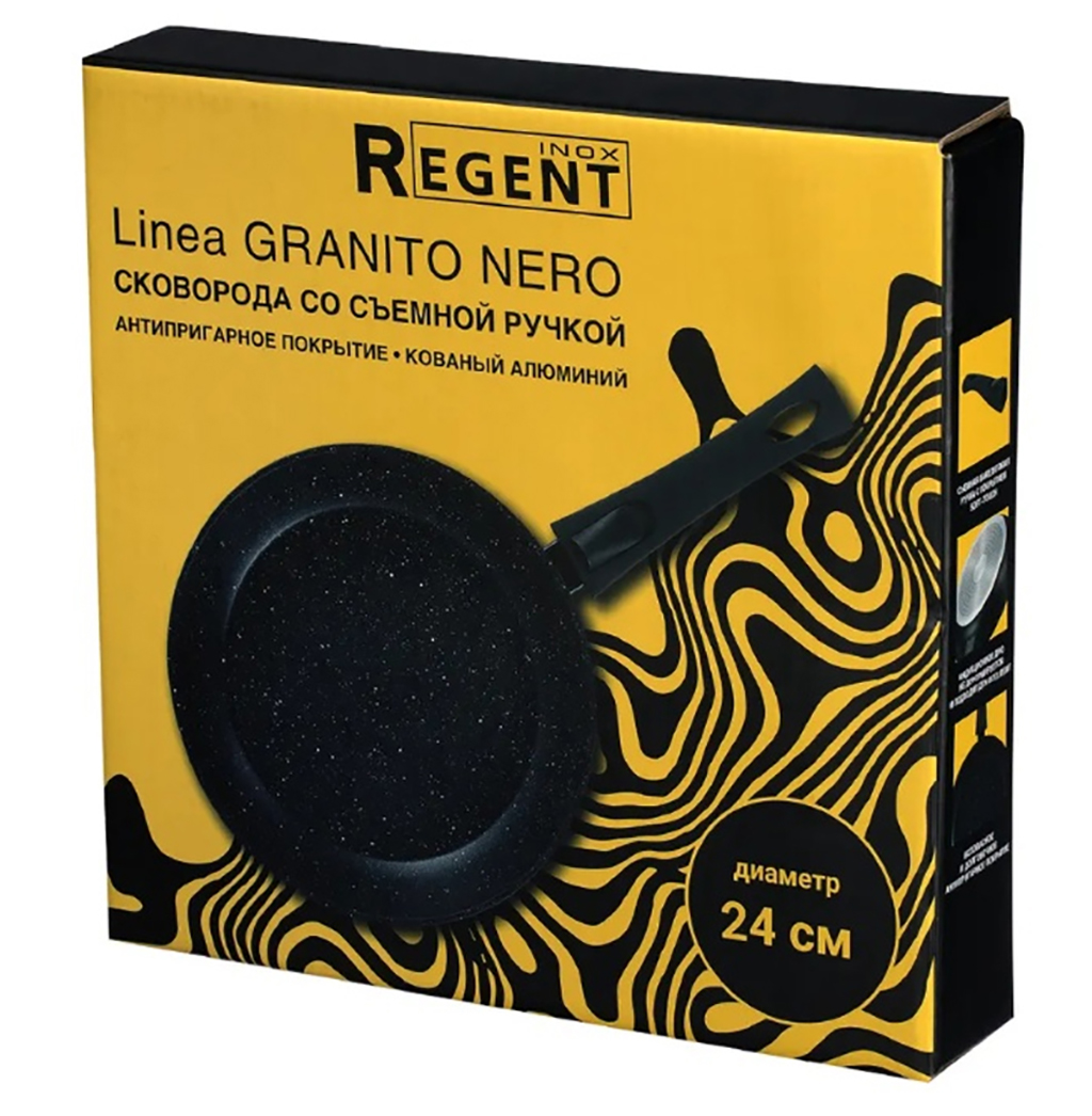 Сковорода с антипригарным покрытием "Granito Nero" д24см, h5см, s2,6мм, дно s3,1мм, индукционное дно д19,5см, кованный алюминий, съемная бакелитовая ручка с покрытием "soft-touch", в коробке, "Regent" (Китай) Подходит для всех видов плит, включая инд