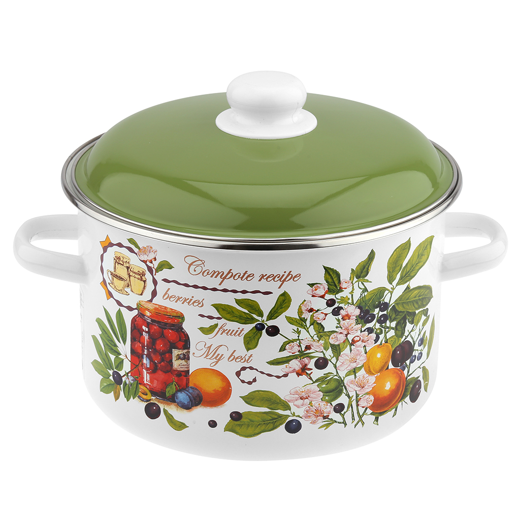 "Вкусный компот" Набор эмалированных кастрюль 3 предмета: 2л, 3л, 5,5л, цилиндрическая форма, металлическая крышка, белый (Россия)