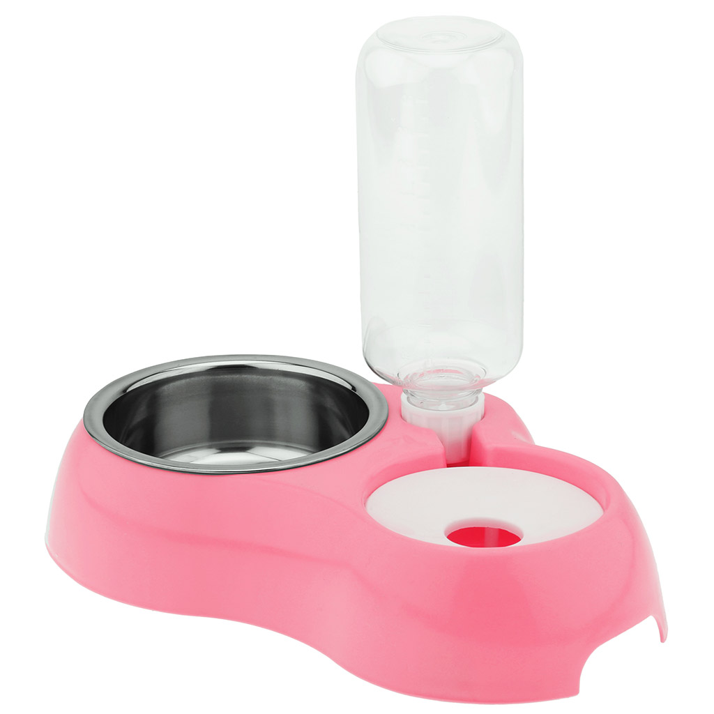 "Пэт тойс (Pet toys)" Миска для кормления животных пластмассовая 0,18/0,45л 27,5х18см h22,5см, двойная, с автопоилкой 0,5л, миска-вставка из нержавеющей стали 0,4л д12,8см h4,7см, прорезиненные ножки, цвета в ассортименте: розовый, салатовый, бирюзов