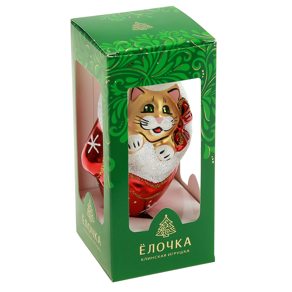 Елочная игрушка фигурка стеклянная "Рукавичка. Кот" 10см, ручная художественная роспись, подарочная упаковка, цвета микс (Россия)