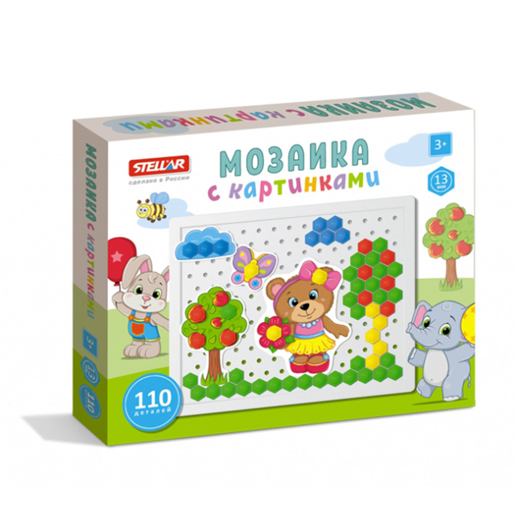 Игрушка "Мозаика с картинками" 24х19,5х3см, 110 элементов д1,3см, полипропилен, картонная коробка в ту пленке, "Stellar" (Россия)