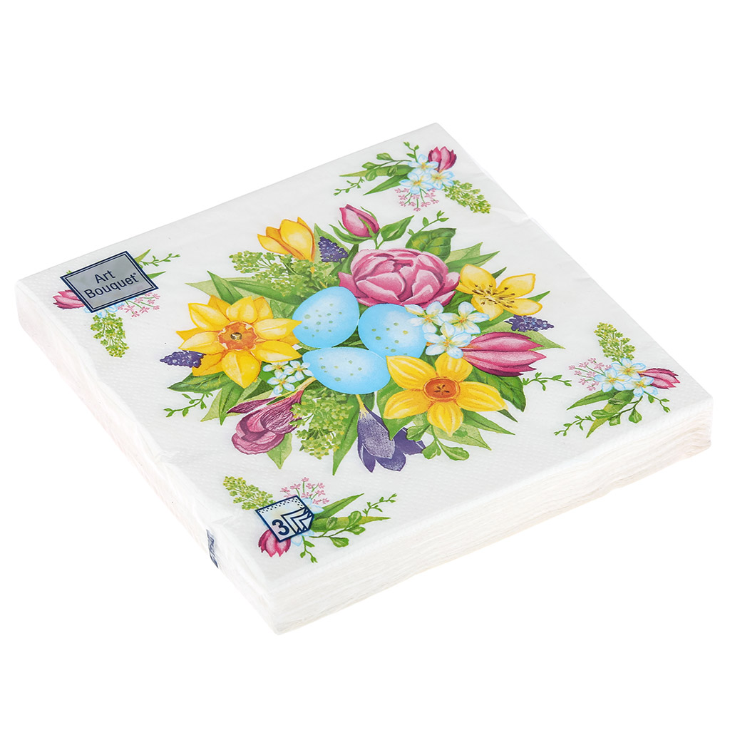 Салфетки бумажные "Art Bouquet" 33х33см, 3-х слойные, 20 штук в упаковке, 100% целлюлоза, "Пасха Букет на праздник" (Россия)