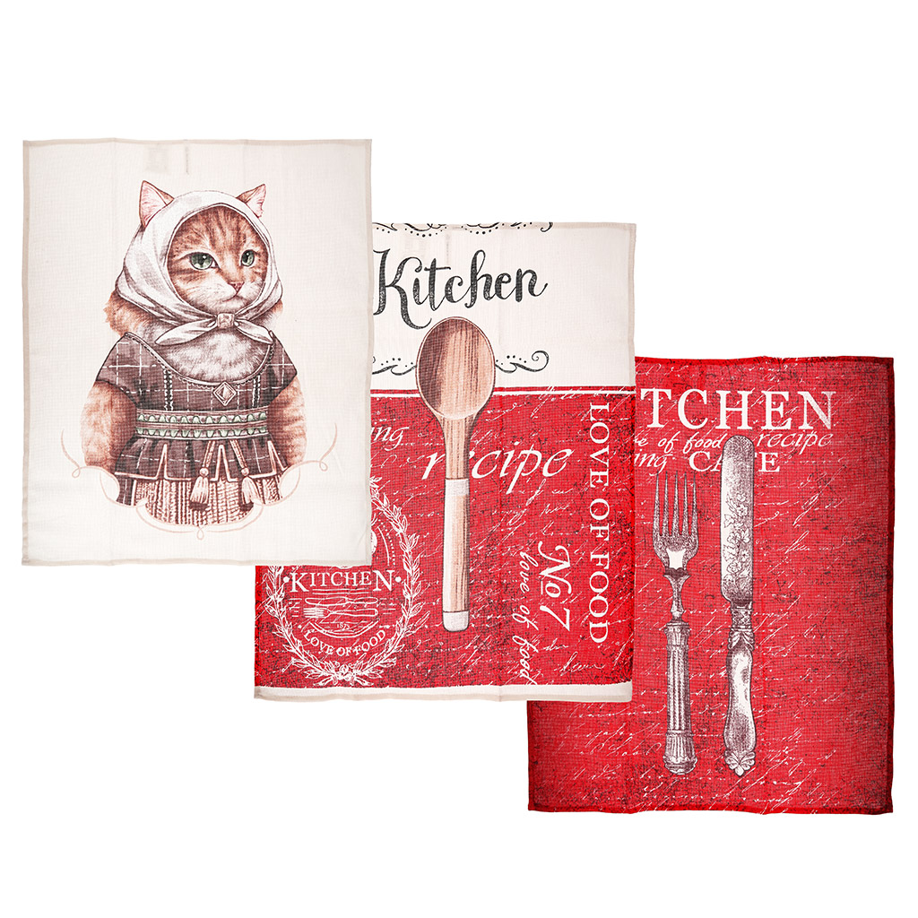 Полотенце кухонное 50х60см "Kitchen & Marfa", набор 3шт, рогожка 156г/м2, хлопок 100%, на картоне, "Домашняя мода" (Россия)