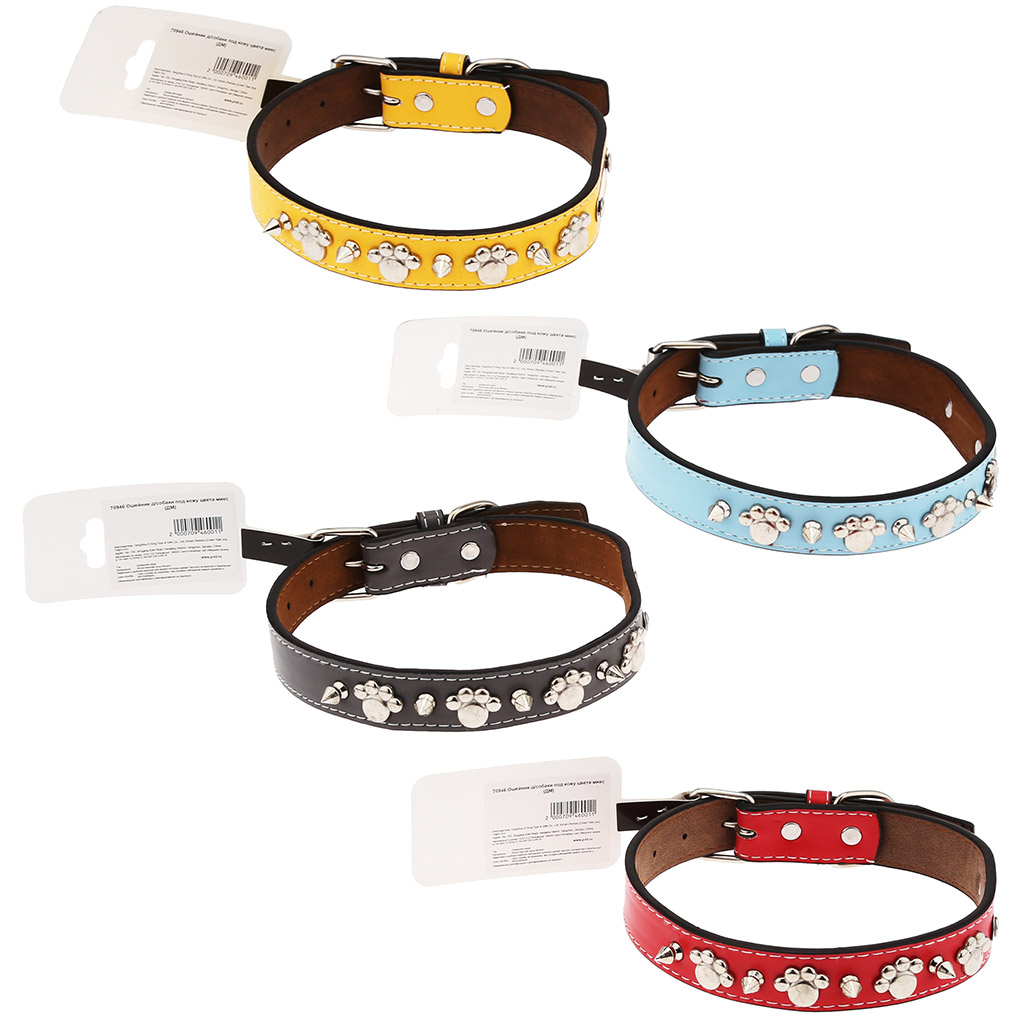 "Пэт тойс (Pet toys)" Ошейник для собаки "Шипы, следы" 2,4х51см, металлическая застежка, под кожу, металл декор, на картоне, цвета в ассортименте: красный, серый, голубой, желтый (Китай)