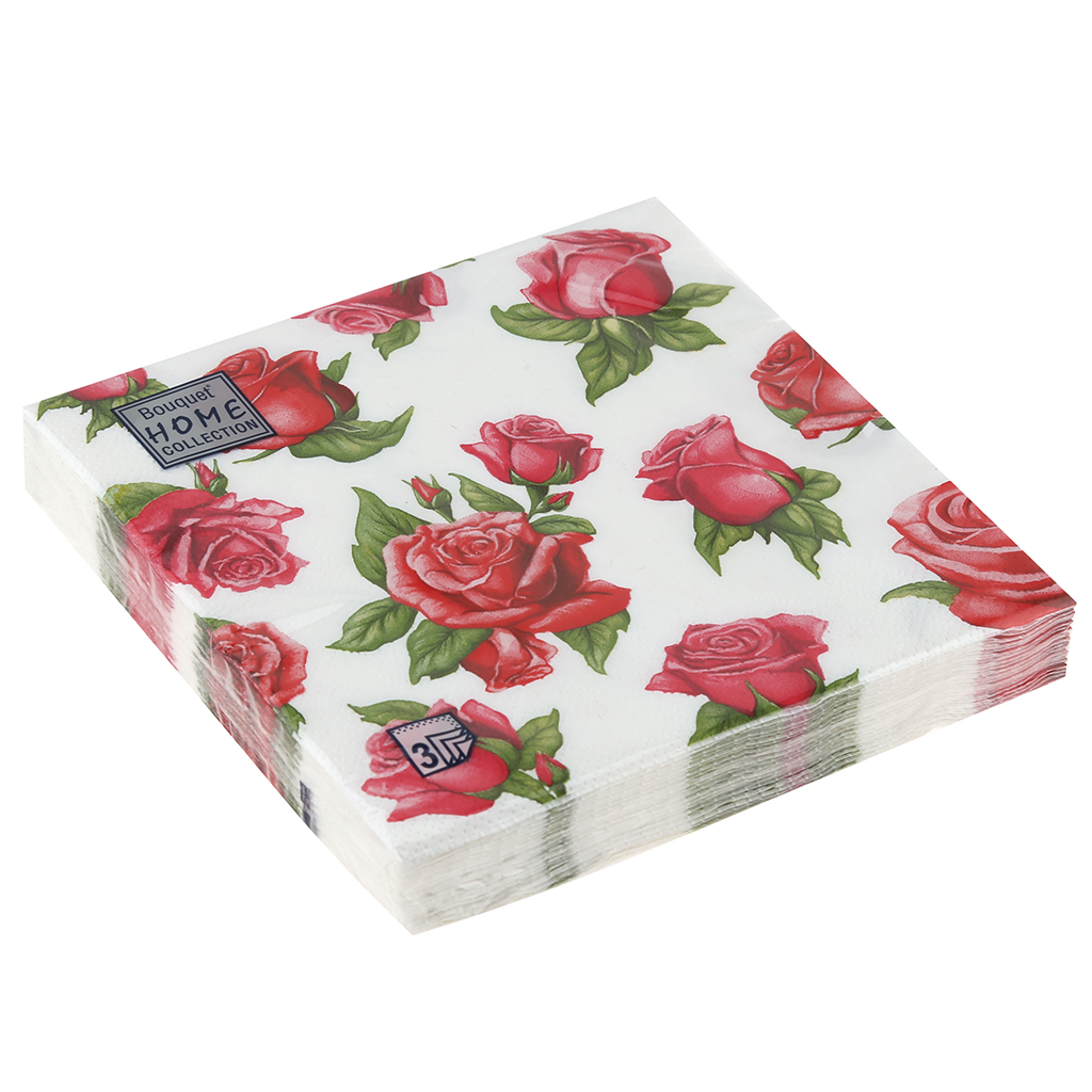 Салфетки бумажные "Bouquet Home Collection Classic" 33х33см, 3-х слойные, 20 штук в упаковке, 100% целлюлоза, "Красные розы" (Россия)