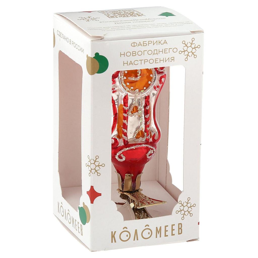 Елочная игрушка фигурка стеклянная "Часы", на прищепке, красный, ручная художественная роспись, подарочная упаковка (Россия)