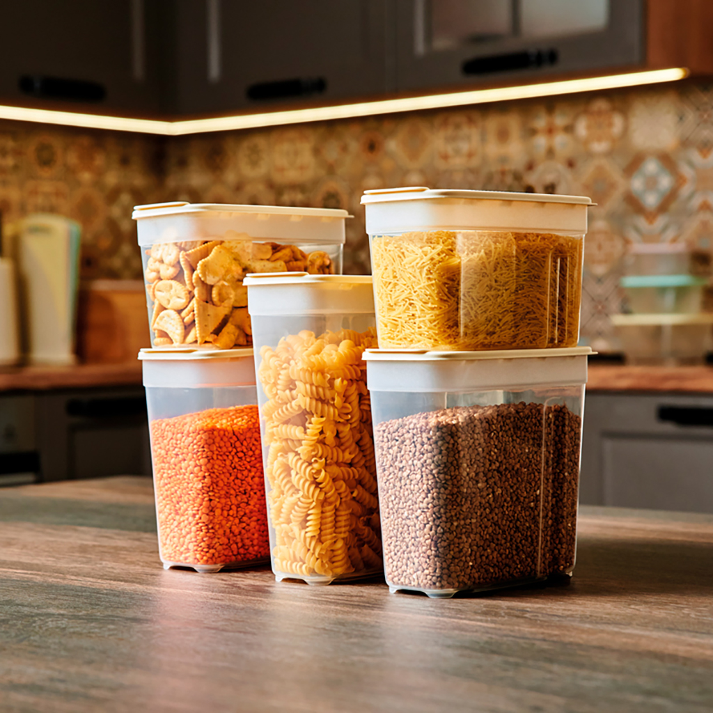 Контейнеров для сыпучих продуктов пластмассовый, набор 5 штук: 1л 2шт, 1,4л 2шт, 1,8л, полипропилен, слоновая кость (Россия)