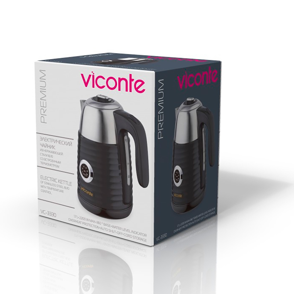 Чайник электрический "Viconte" 1,7л, 2200Вт, закрытый нагревательный элемент, корпус из высококачественной нержавеющей стали, встроенный термометр на корпусе, шкала уровня воды, автоматическое отключение при закипании, защита от перегрева (Китай)
