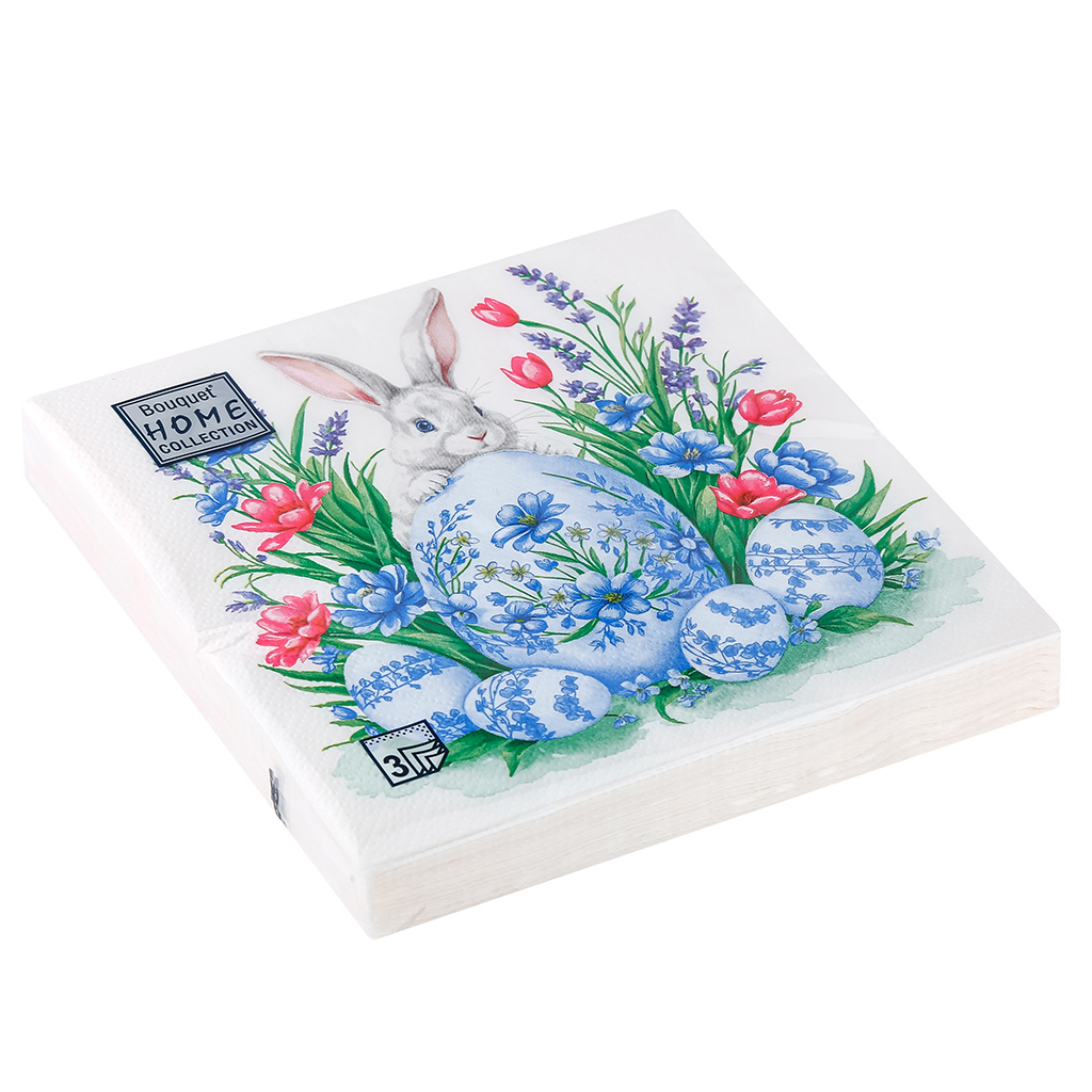 Салфетки бумажные "Bouquet Home Collection Classic" 33х33см, 3-х слойные, 20 штук в упаковке, 100% целлюлоза, "Кролик с пасхальным яйцом" (Россия)