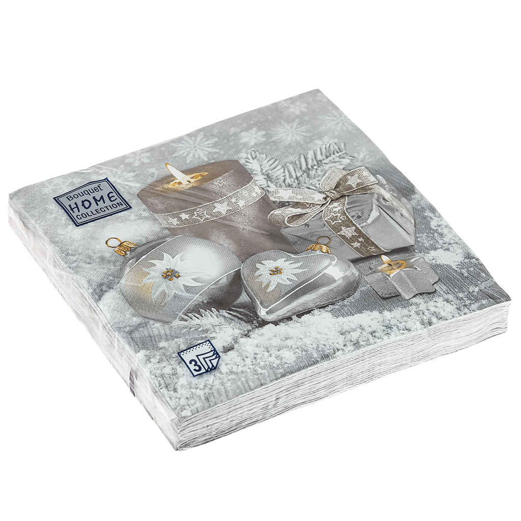 Салфетки бумажные "Bouquet Home Collection Classic" 33х33см, 3-х слойные, 20 штук в упаковке, 100% целлюлоза, "Праздничный натюрморт. Серебро" (Россия)