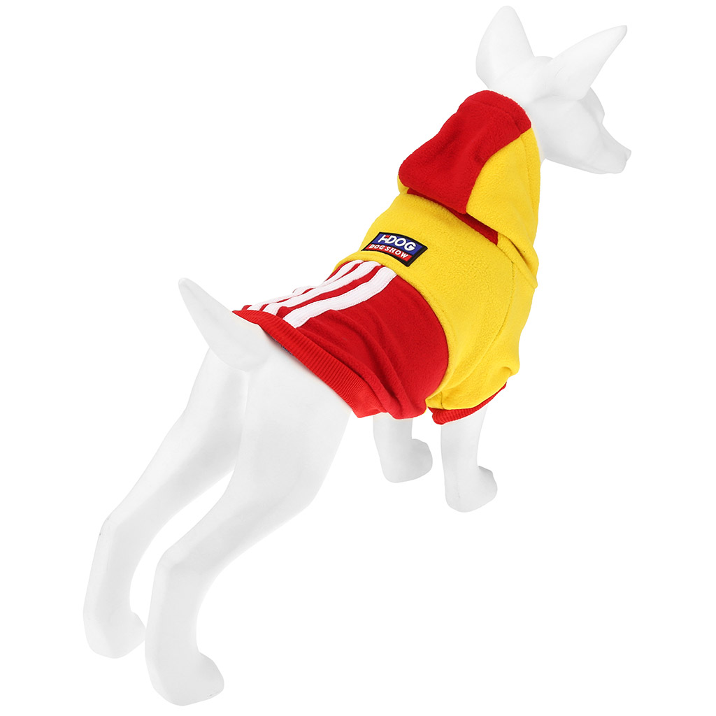 "Пэт тойс (Pet toys)" Одежда для собаки "Толстовка" "DOG" с капюшоном, с принтом, на кнопках р-р XL, длина спинки 34см/обхват груди 44см/обхват шеи 34см, цвет-желто-красный, флис (Китай)