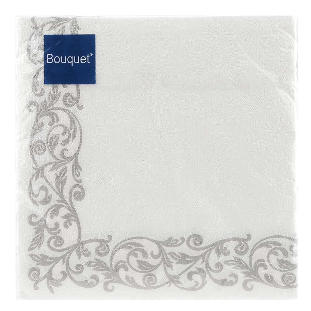 Салфетки бумажные "Bouquet Premium" 40х40см, 3-х слойные, 16 штук в упаковке, 100% целлюлоза, "Скатерть с серебряным узором" (Россия)