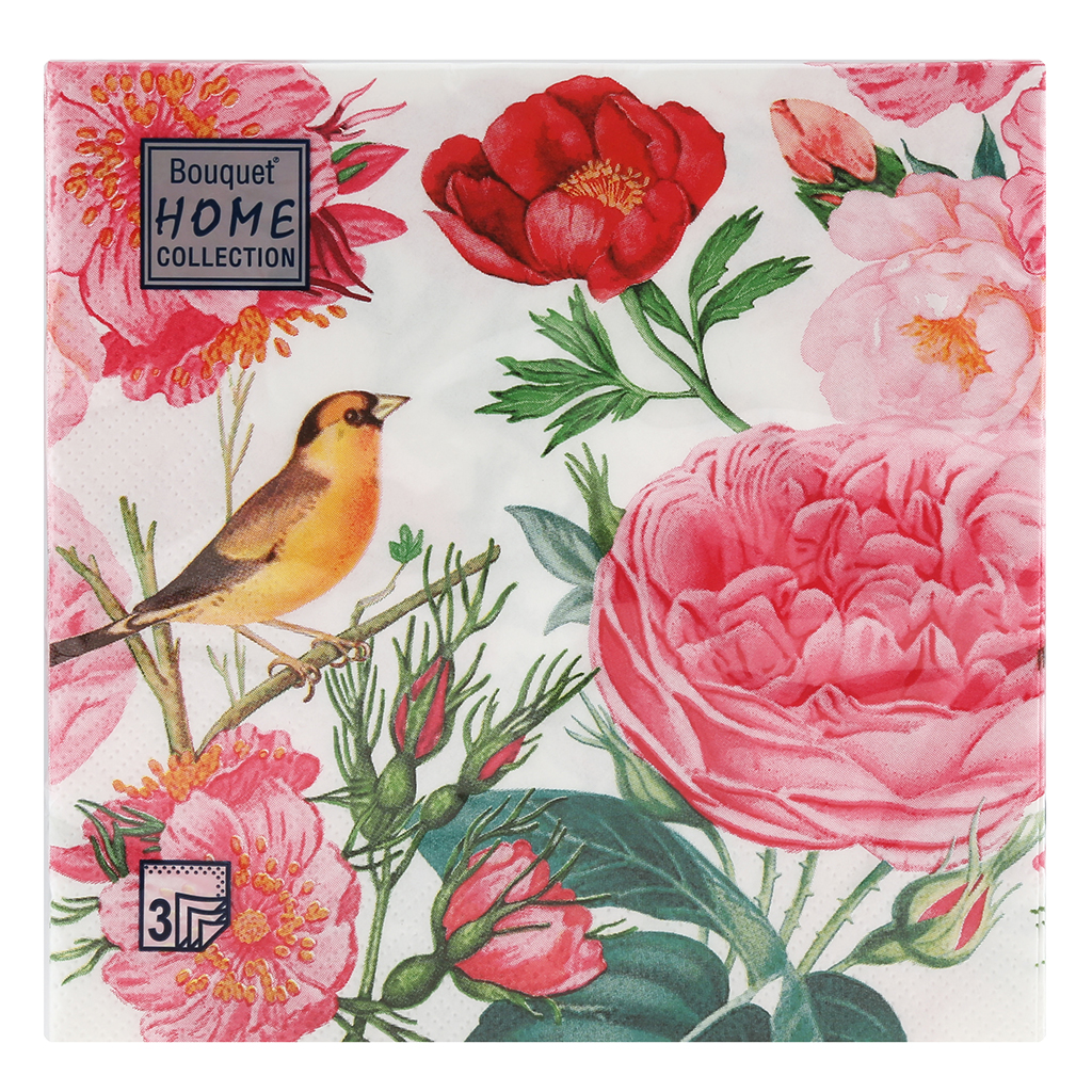Салфетки бумажные "Bouquet Home Collection Classic" 33х33см, 3-х слойные, 20 штук в упаковке, 100% целлюлоза, "Розы с птичкой" (Россия)