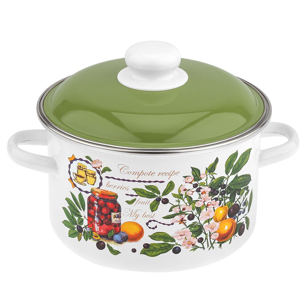 "Вкусный компот" Набор эмалированных кастрюль 3 предмета: 2л, 3л, 5,5л, цилиндрическая форма, металлическая крышка, белый (Россия)