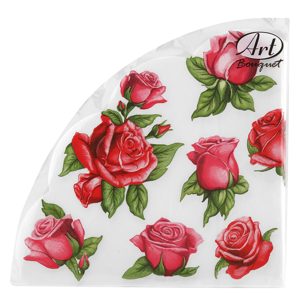 Салфетки бумажные "Art Bouquet Rondo" д32см, 3-х слойные, 12 штук в упаковке, 100% целлюлоза, "Красные розы" (Россия)