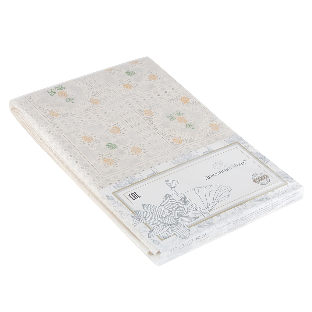 Скатерть ПВХ "Розетта" 137х220см, длина стола до 180см, на 8 персон, "LACE" фактурная, на пленке, тиснение на белом, бежевый/зеленый штамп, упак. "классическая" п/э 28х41см т.м. "Домашняя Мода" (Китай)