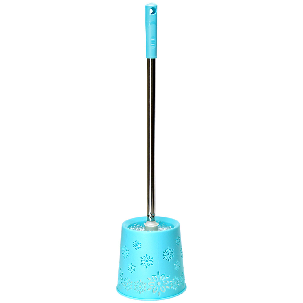 Ерш для унитаза пластмассовый "Цветик" 49см, съемная ручка из нержавеющей стали, с пластмассовой подставкой д13см h12,5см, бирюзовый (Китай)