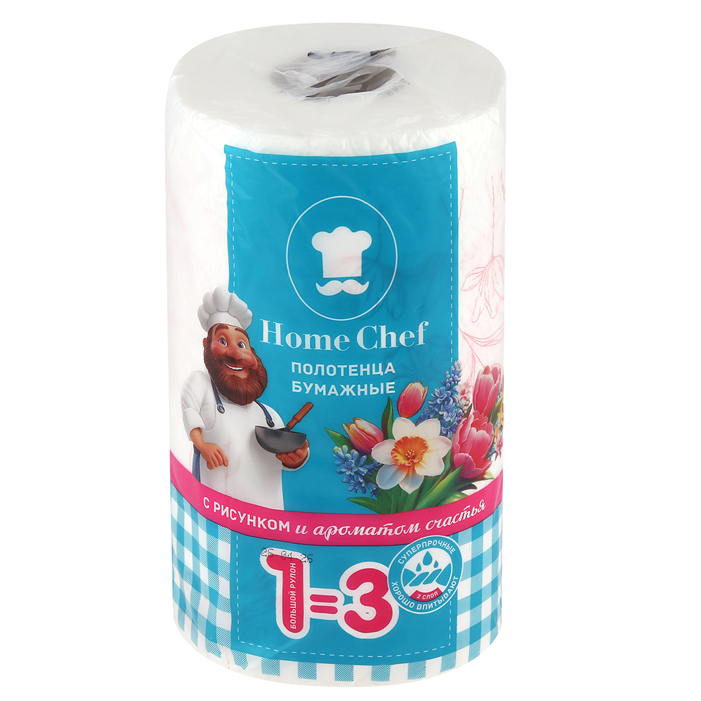 Полотенце бумажное 2-х слойное "Home Chef Пряности" с рисунком "Цветы" 1 рулон, 33м, размер листа 25х23см, белый (Россия)